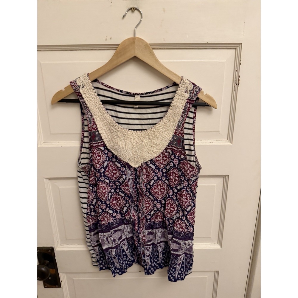 Tiny Anthropologie Navy‎ Santa Clara Tank Top Crochet Batik Stripe Size Small
